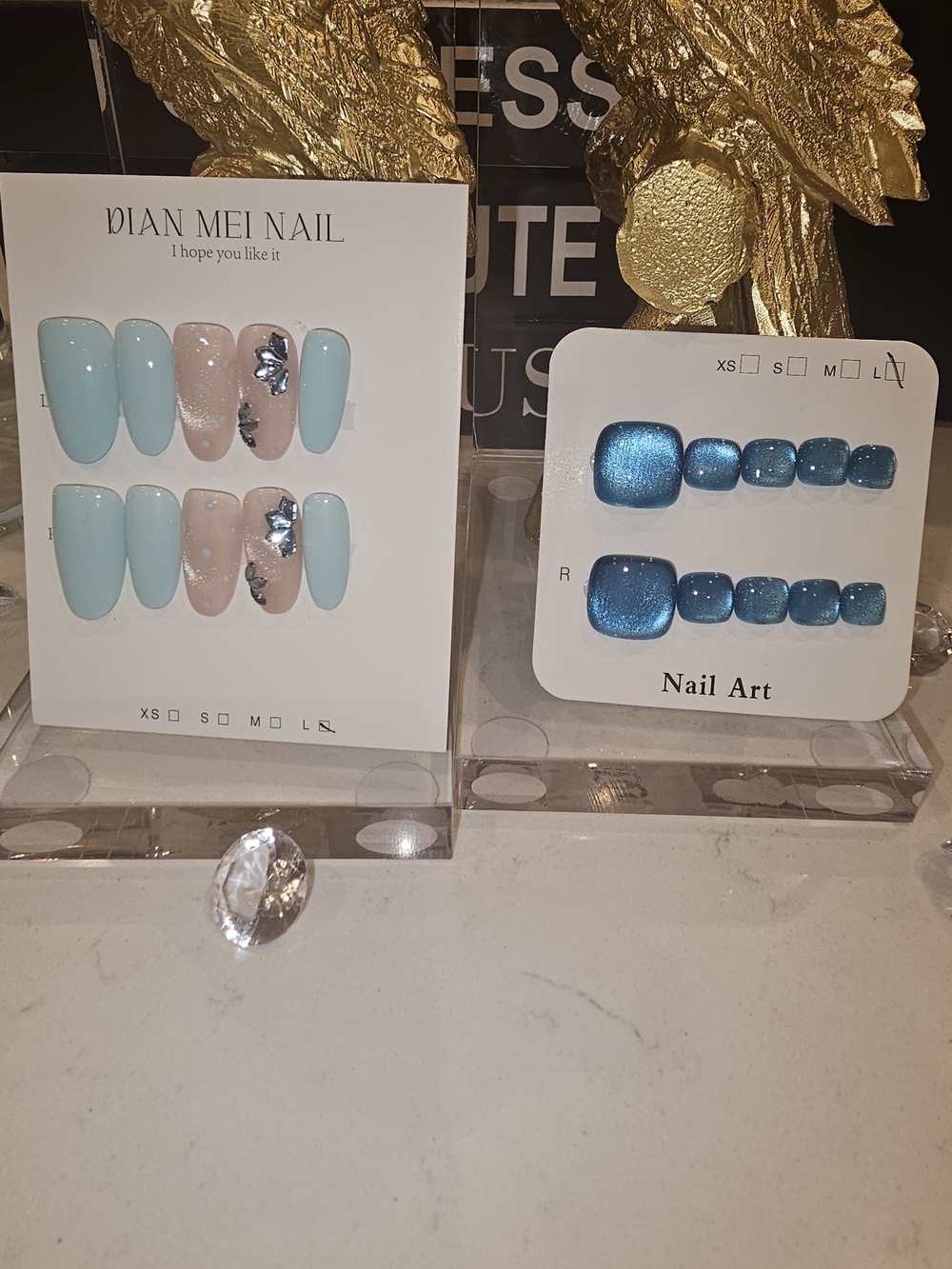 Classy Press-On Nails Set - Light Blue & Nude with Rhinestones